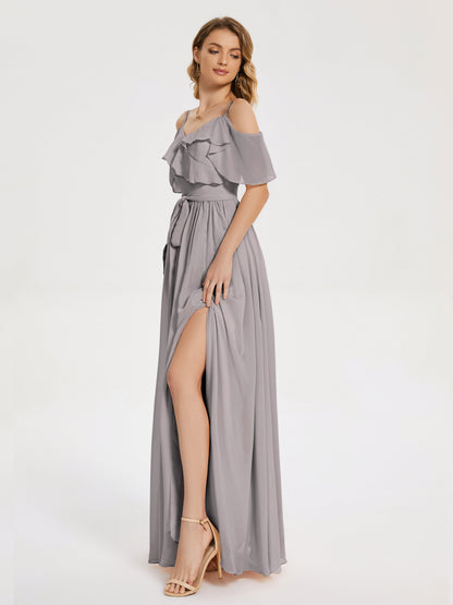 Thea Off the Shoulder Slit Chiffon Bridesmaid Dress