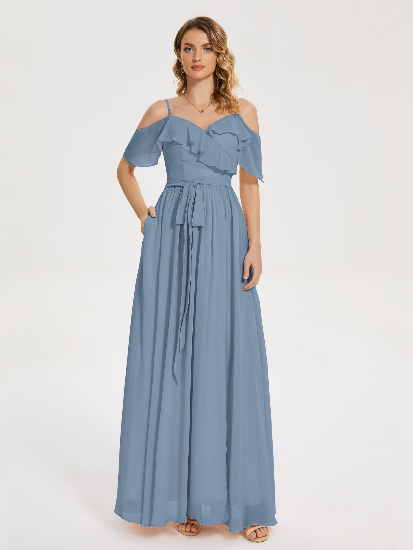 Thea Off the Shoulder Slit Chiffon Bridesmaid Dress