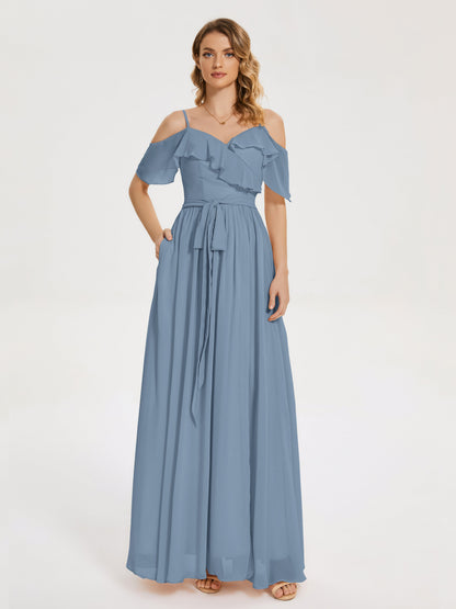 Thea Off the Shoulder Slit Chiffon Bridesmaid Dress