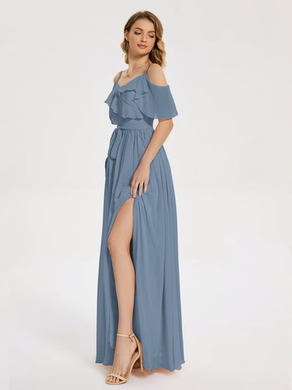 Thea Off the Shoulder Slit Chiffon Bridesmaid Dress