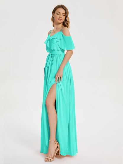 Thea Off the Shoulder Slit Chiffon Bridesmaid Dress