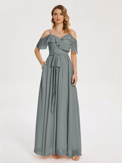Thea Off the Shoulder Slit Chiffon Bridesmaid Dress
