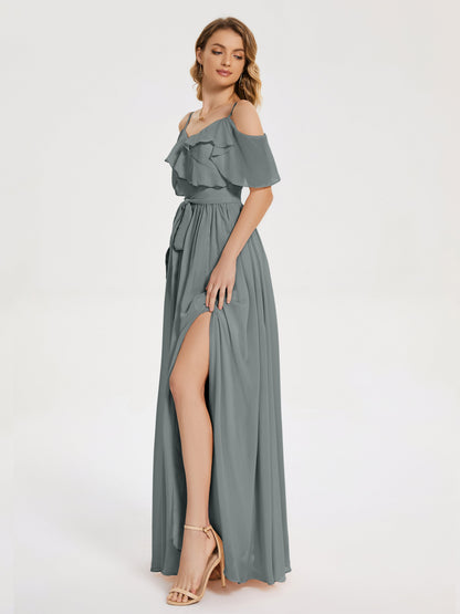 Thea Off the Shoulder Slit Chiffon Bridesmaid Dress