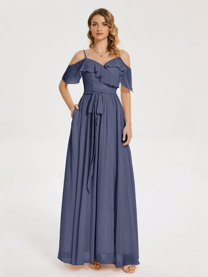 Thea Off the Shoulder Slit Chiffon Bridesmaid Dress