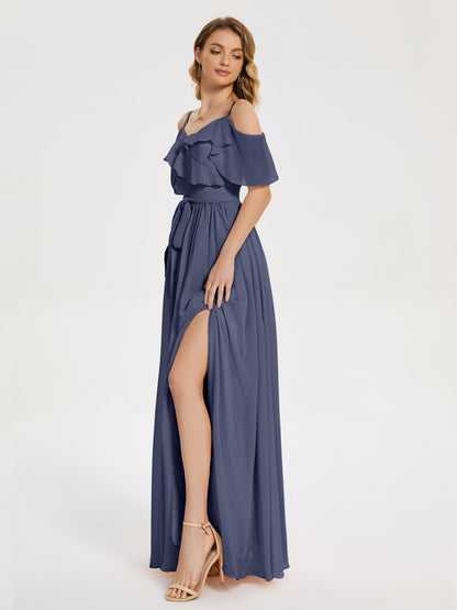 Thea Off the Shoulder Slit Chiffon Bridesmaid Dress