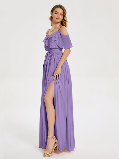 Thea Off the Shoulder Slit Chiffon Bridesmaid Dress