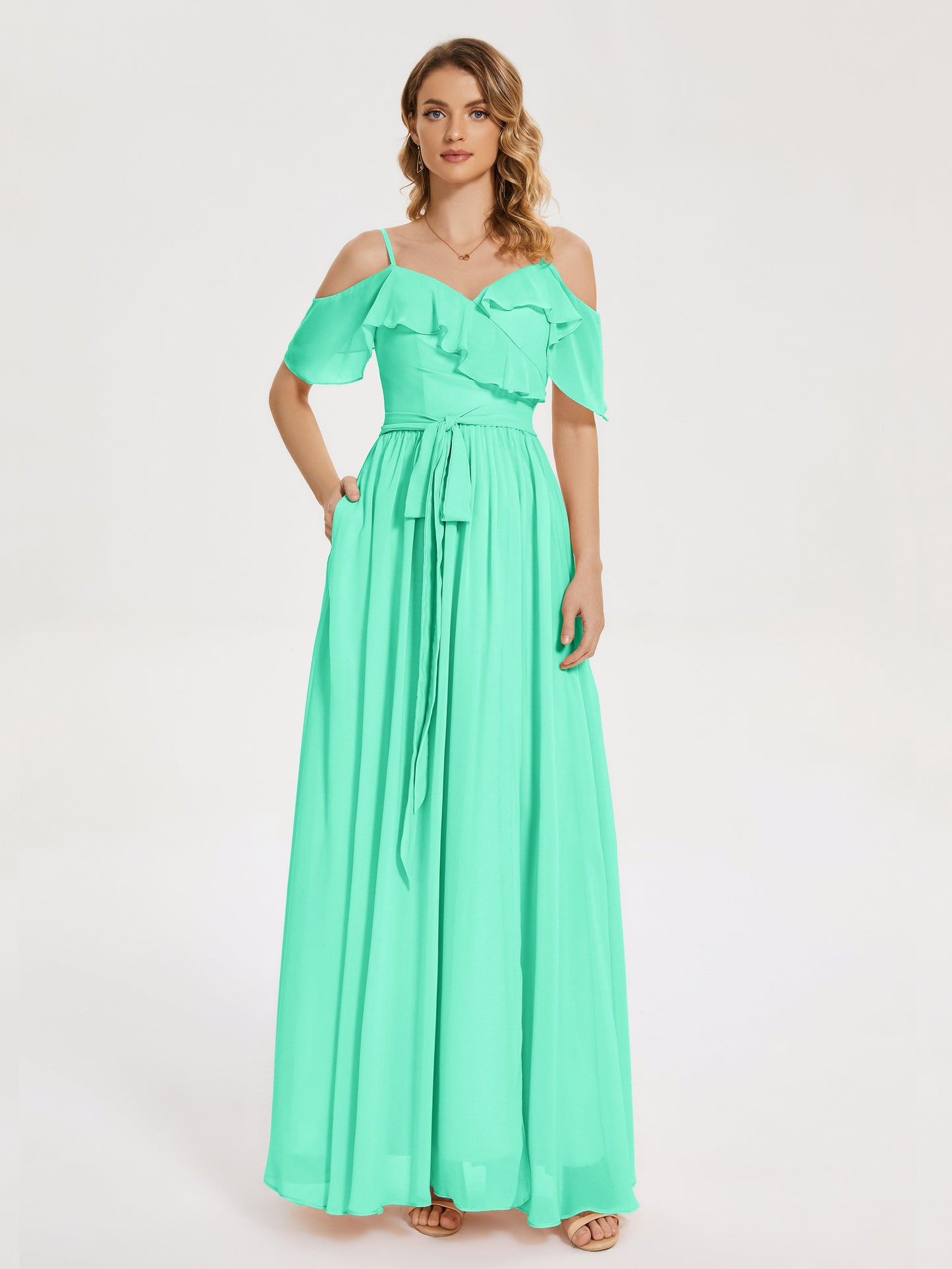Thea Off the Shoulder Slit Chiffon Bridesmaid Dress