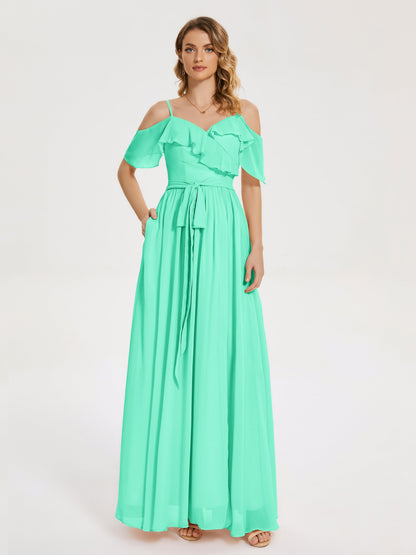 Thea Off the Shoulder Slit Chiffon Bridesmaid Dress