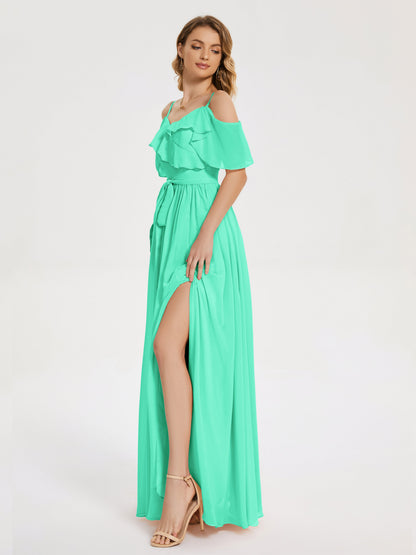 Thea Off the Shoulder Slit Chiffon Bridesmaid Dress