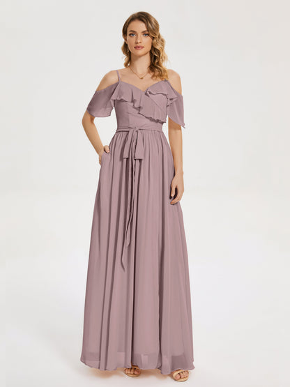 Thea Off the Shoulder Slit Chiffon Bridesmaid Dress
