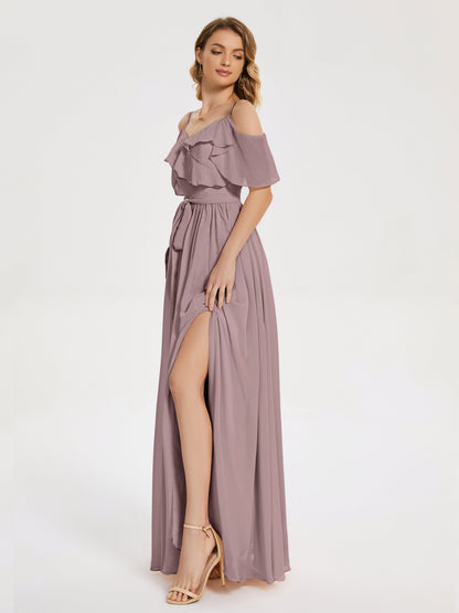 Thea Off the Shoulder Slit Chiffon Bridesmaid Dress