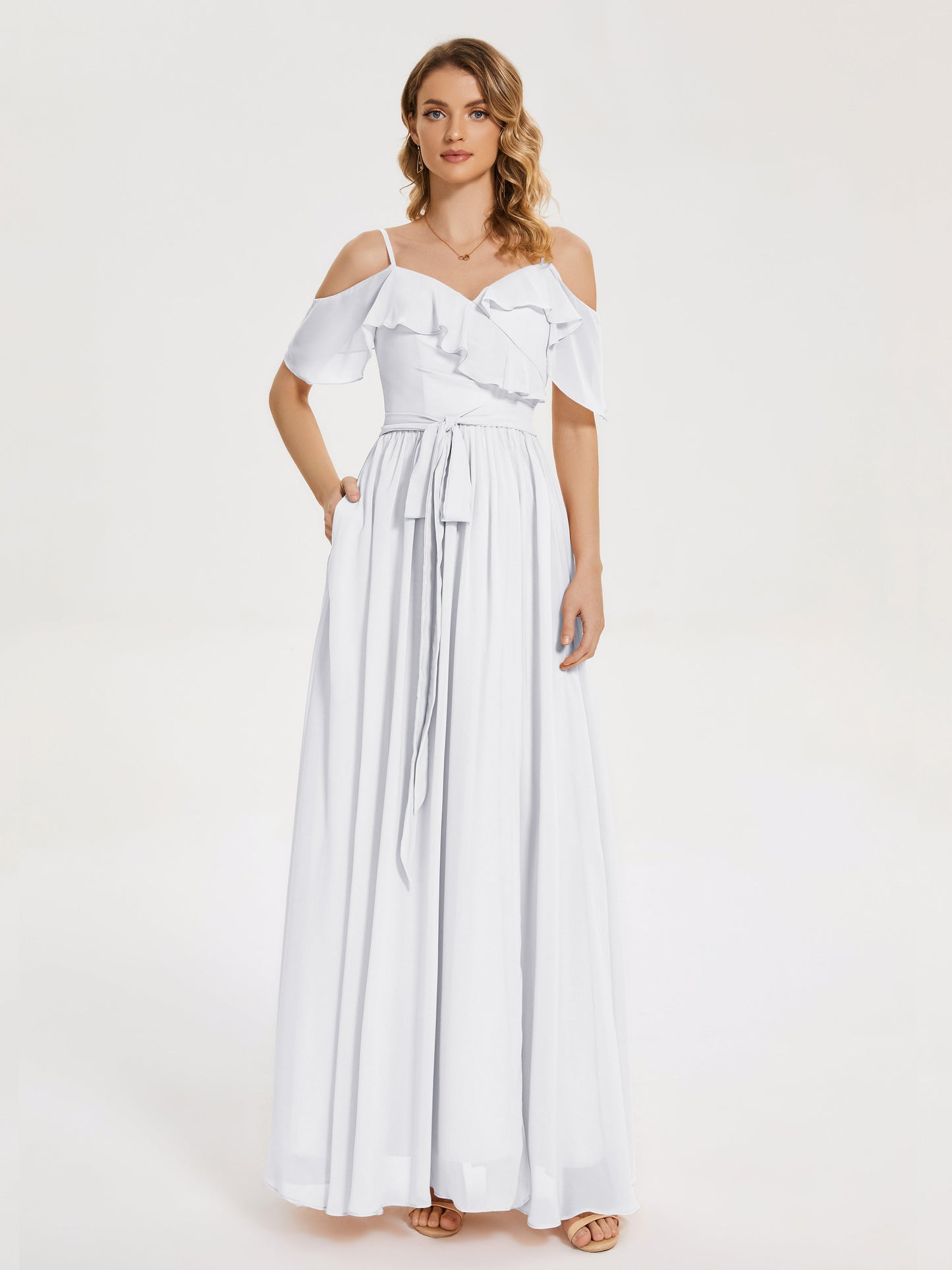 Thea Off the Shoulder Slit Chiffon Bridesmaid Dress