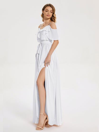 Thea Off the Shoulder Slit Chiffon Bridesmaid Dress