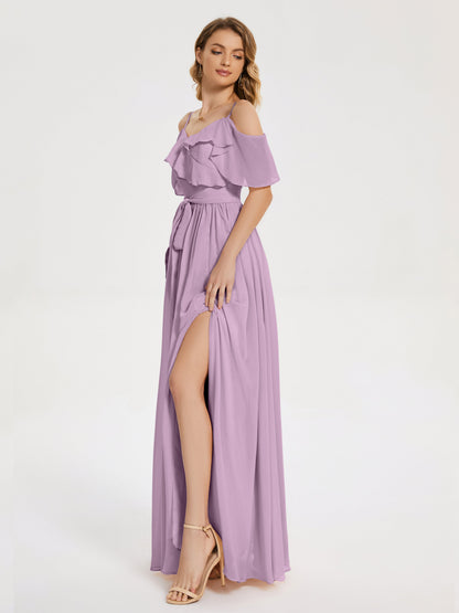 Thea Off the Shoulder Slit Chiffon Bridesmaid Dress
