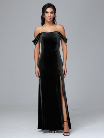 Off Shoulder Velvet Bridesmaid Dress With Slit