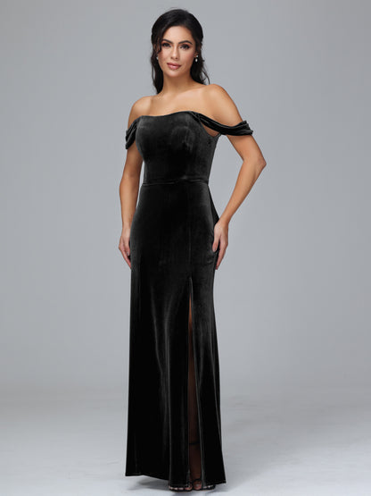 Off Shoulder Velvet Bridesmaid Dress With Slit