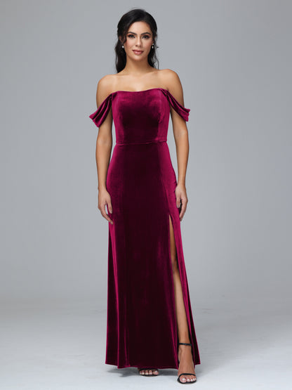 Off Shoulder Velvet Bridesmaid Dress With Slit
