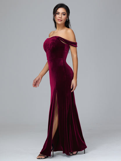 Off Shoulder Velvet Bridesmaid Dress With Slit