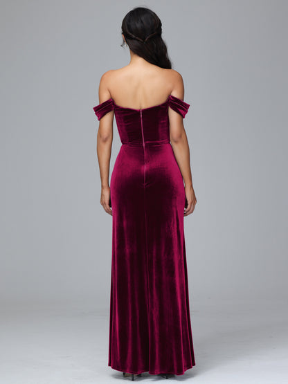 Off Shoulder Velvet Bridesmaid Dress With Slit