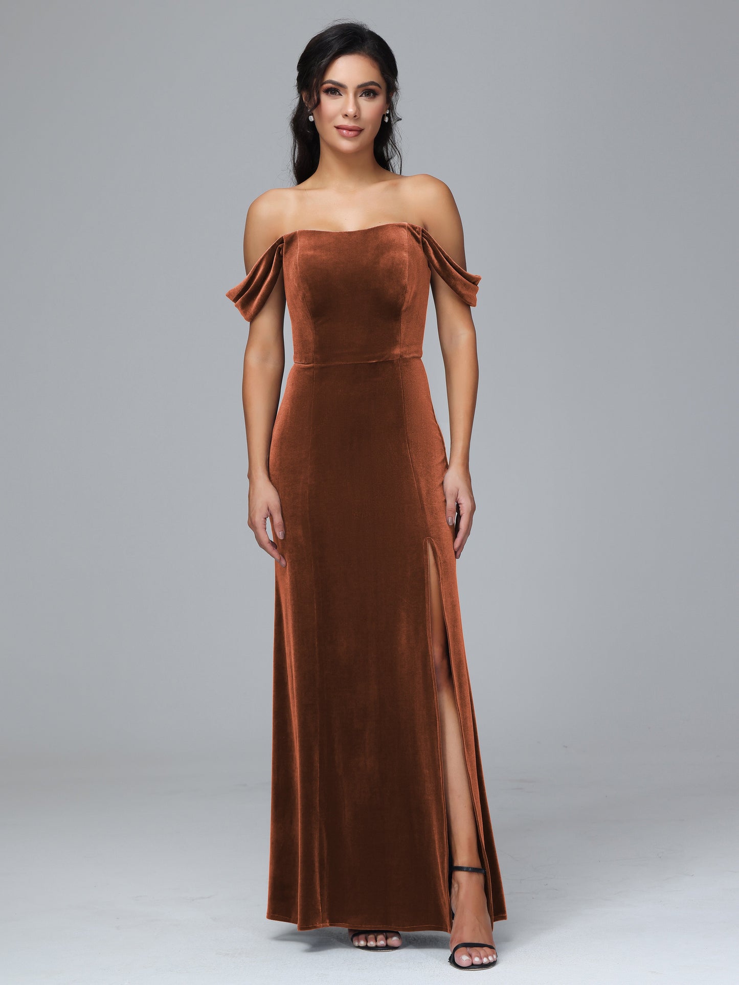 Off Shoulder Velvet Bridesmaid Dress With Slit