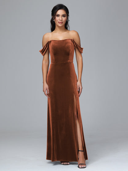 Off Shoulder Velvet Bridesmaid Dress With Slit