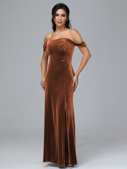 Off Shoulder Velvet Bridesmaid Dress With Slit