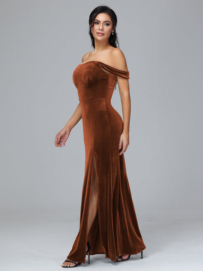 Off Shoulder Velvet Bridesmaid Dress With Slit