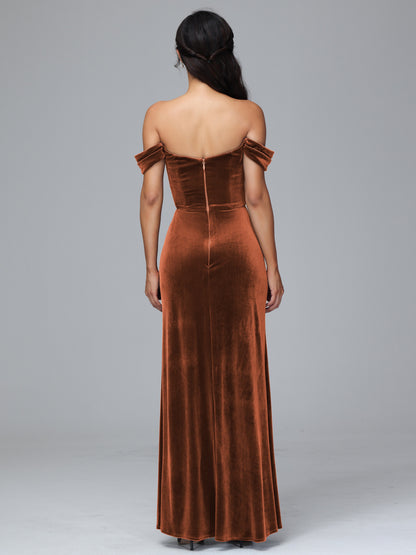 Off Shoulder Velvet Bridesmaid Dress With Slit