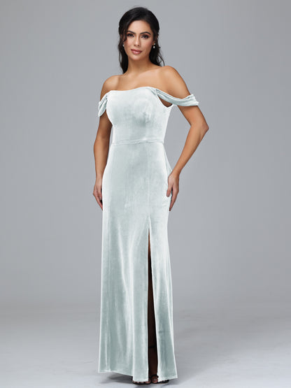 Off Shoulder Velvet Bridesmaid Dress With Slit
