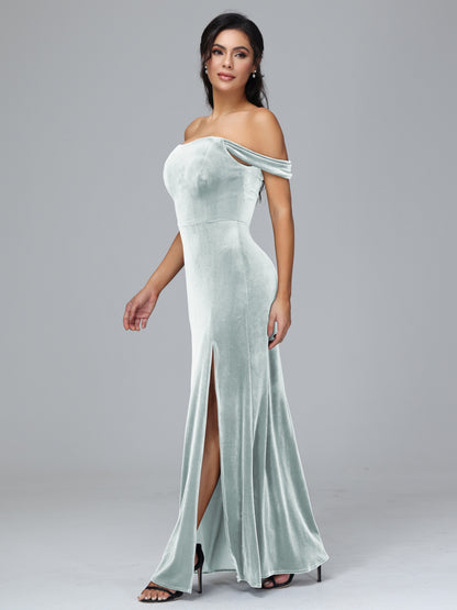 Off Shoulder Velvet Bridesmaid Dress With Slit