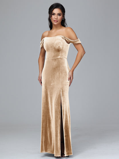 Off Shoulder Velvet Bridesmaid Dress With Slit
