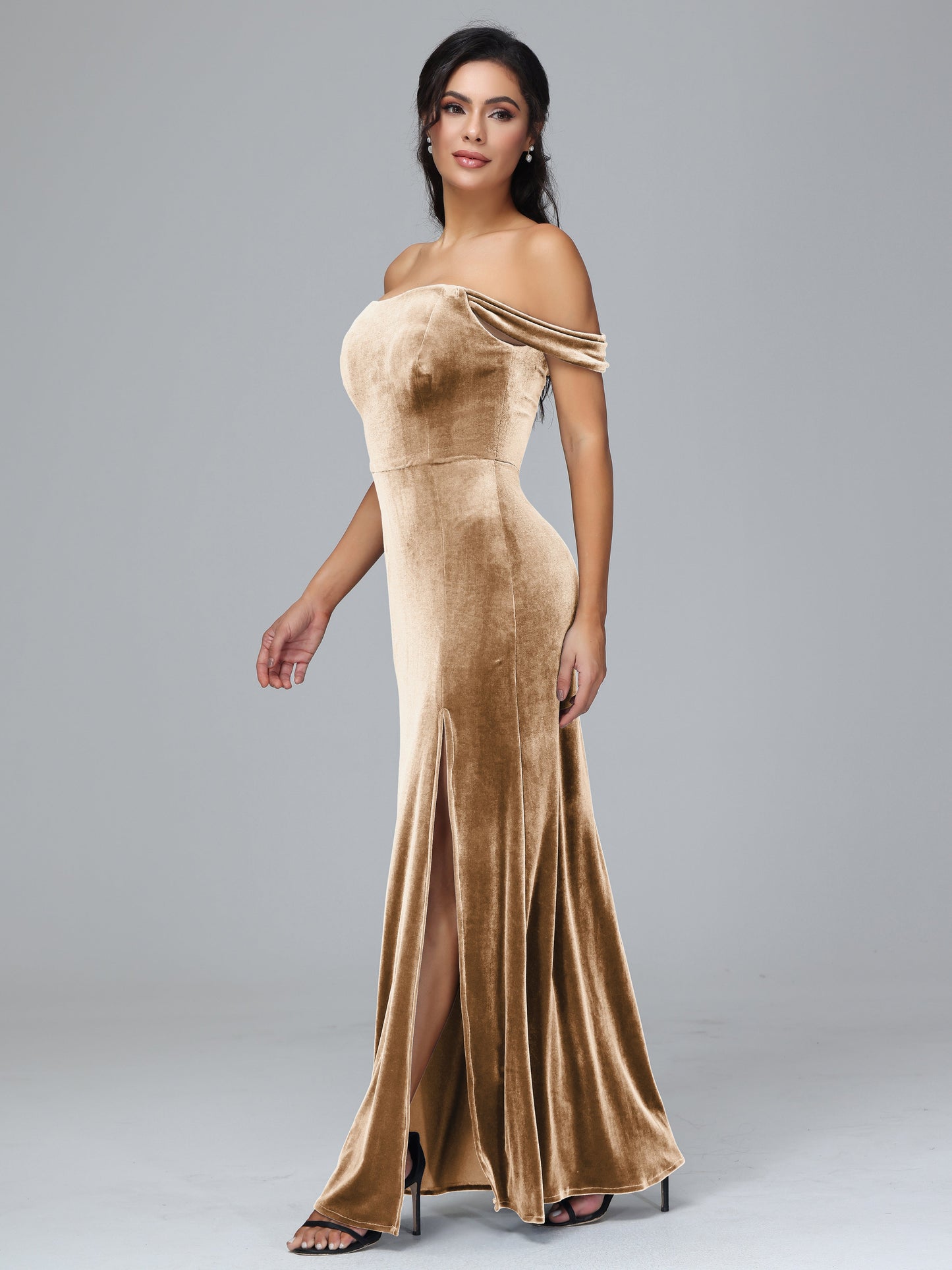 Off Shoulder Velvet Bridesmaid Dress With Slit