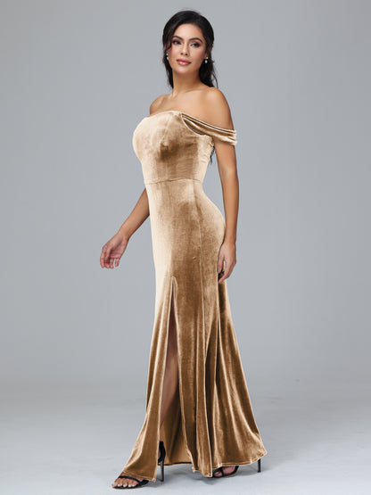 Off Shoulder Velvet Bridesmaid Dress With Slit
