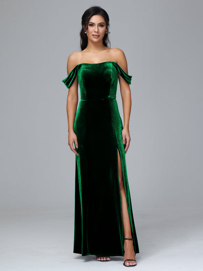 Off Shoulder Velvet Bridesmaid Dress With Slit