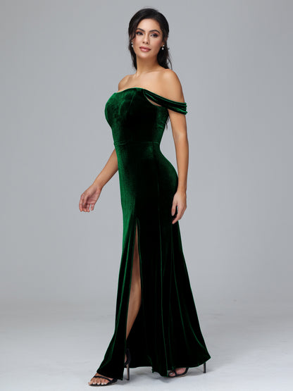 Off Shoulder Velvet Bridesmaid Dress With Slit