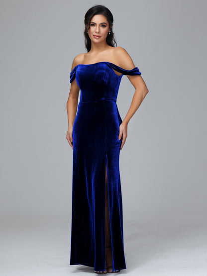 Off Shoulder Velvet Bridesmaid Dress With Slit
