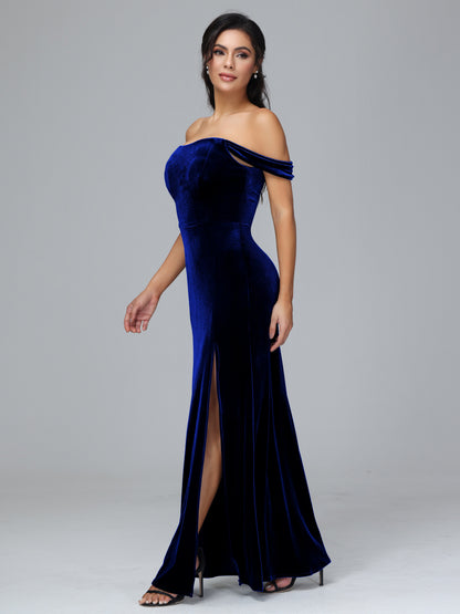 Off Shoulder Velvet Bridesmaid Dress With Slit