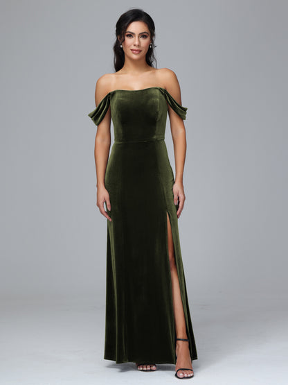 Off Shoulder Velvet Bridesmaid Dress With Slit
