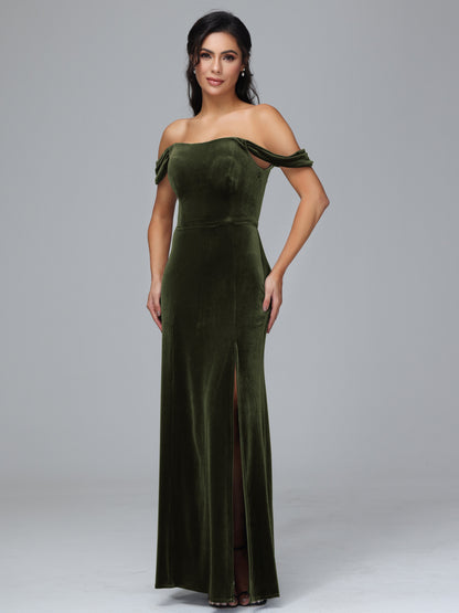 Off Shoulder Velvet Bridesmaid Dress With Slit