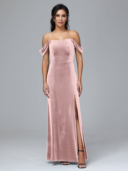 Off Shoulder Velvet Bridesmaid Dress With Slit