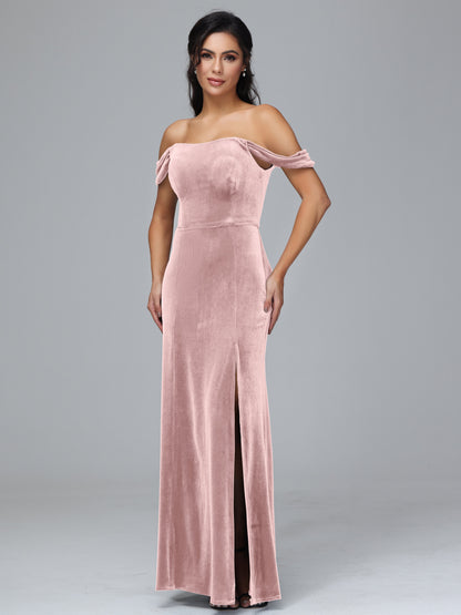 Off Shoulder Velvet Bridesmaid Dress With Slit