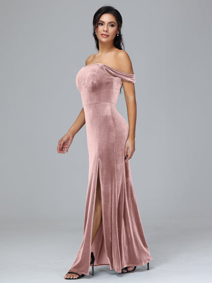 Off Shoulder Velvet Bridesmaid Dress With Slit