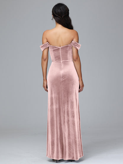 Off Shoulder Velvet Bridesmaid Dress With Slit