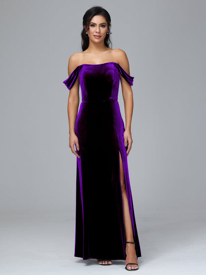 Off Shoulder Velvet Bridesmaid Dress With Slit