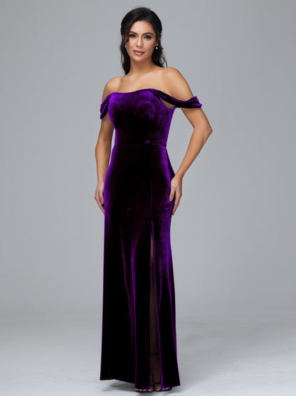 Off Shoulder Velvet Bridesmaid Dress With Slit