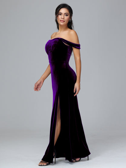Off Shoulder Velvet Bridesmaid Dress With Slit