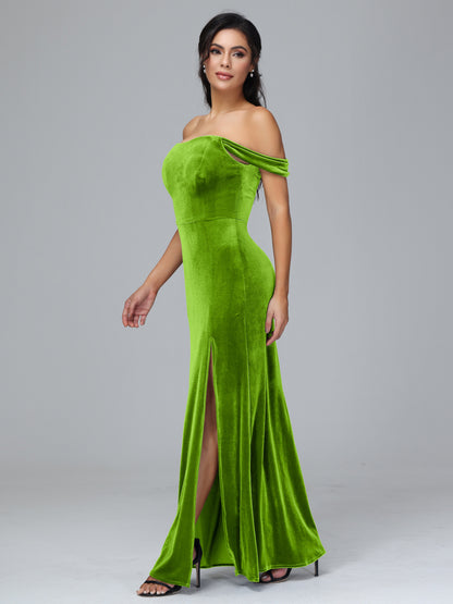Off Shoulder Velvet Bridesmaid Dress With Slit