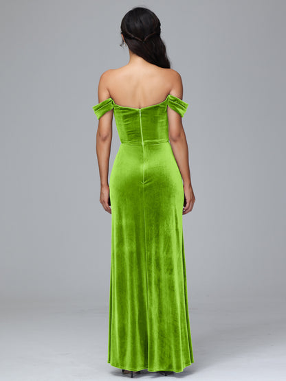 Off Shoulder Velvet Bridesmaid Dress With Slit