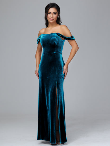 Off Shoulder Velvet Bridesmaid Dress With Slit