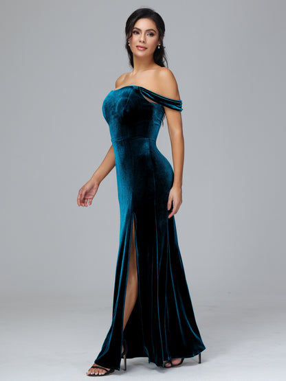 Off Shoulder Velvet Bridesmaid Dress With Slit